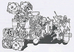 Řez motorem Jawa odhaluje komplexné rešenie jeho průmyslove chránené konštrukce (kresba Václav Král).